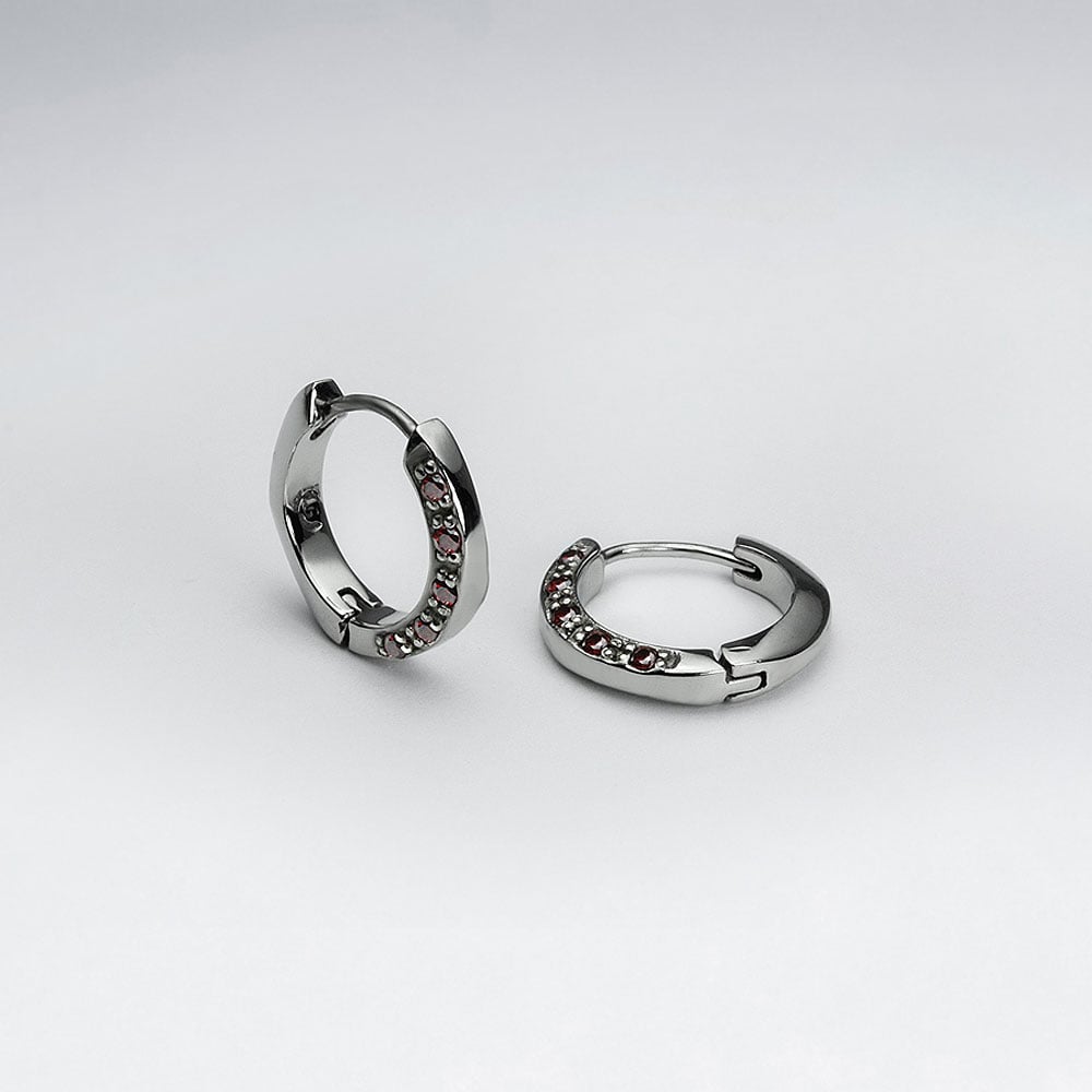 Stainless Steel Black Jet Gem Encrusted Huggie Hoop Earrings