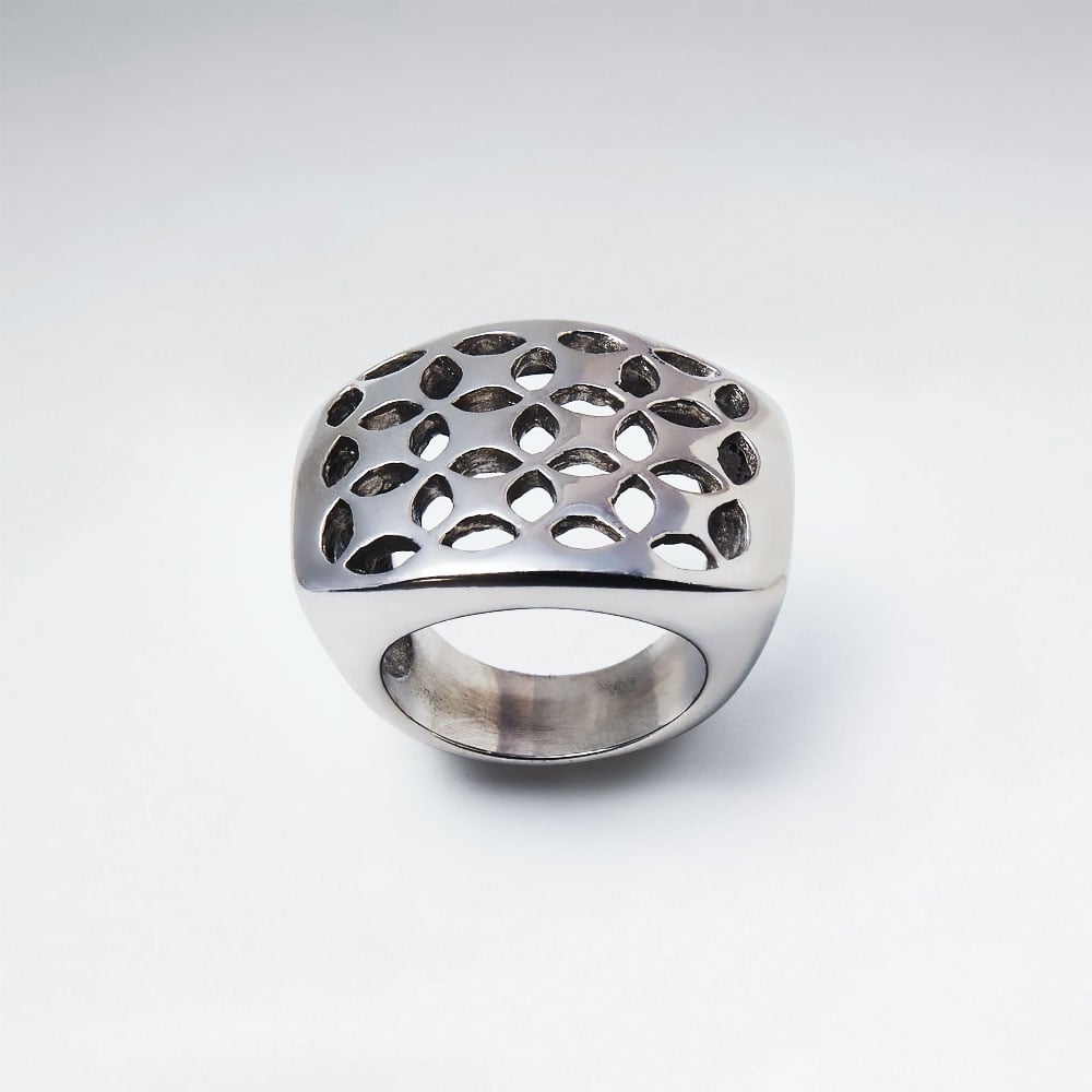 Modern Stainless Steel Perforated Cutout Statement Ring