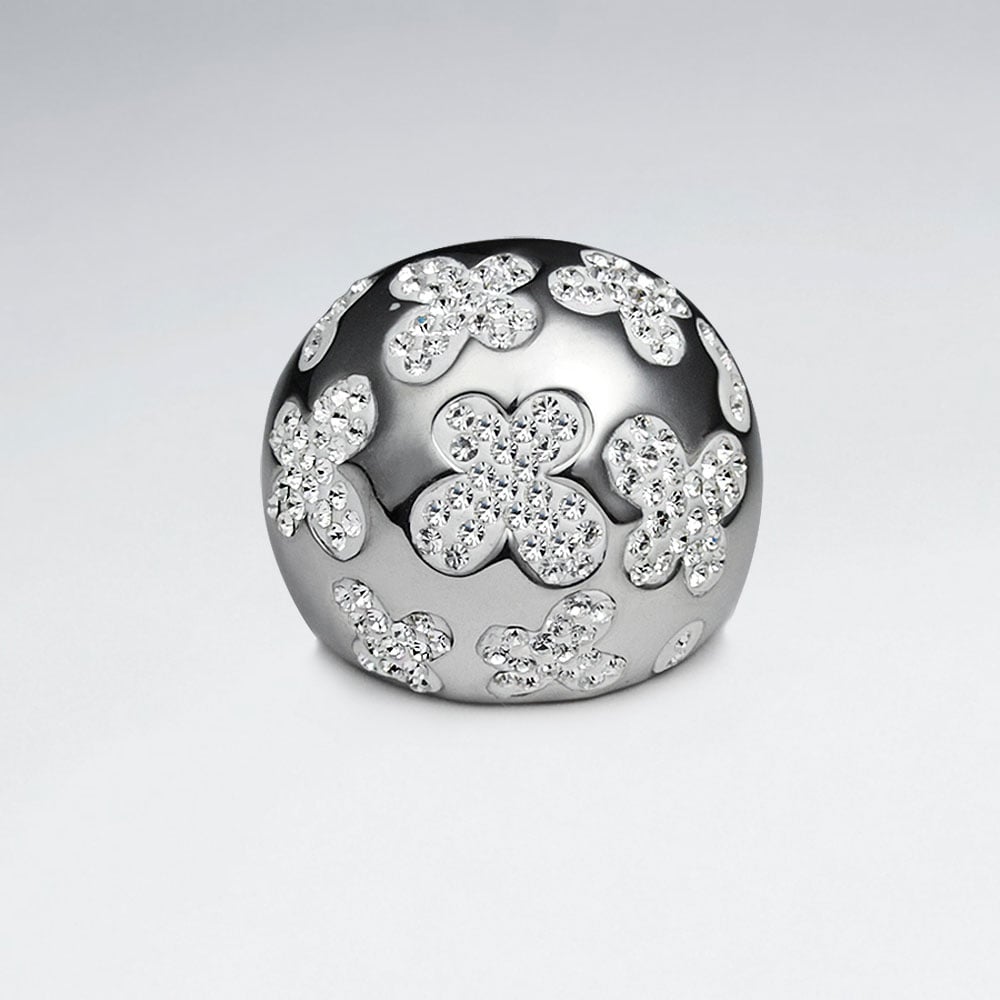 Stainless Steel Crystal Flower Domed Ring