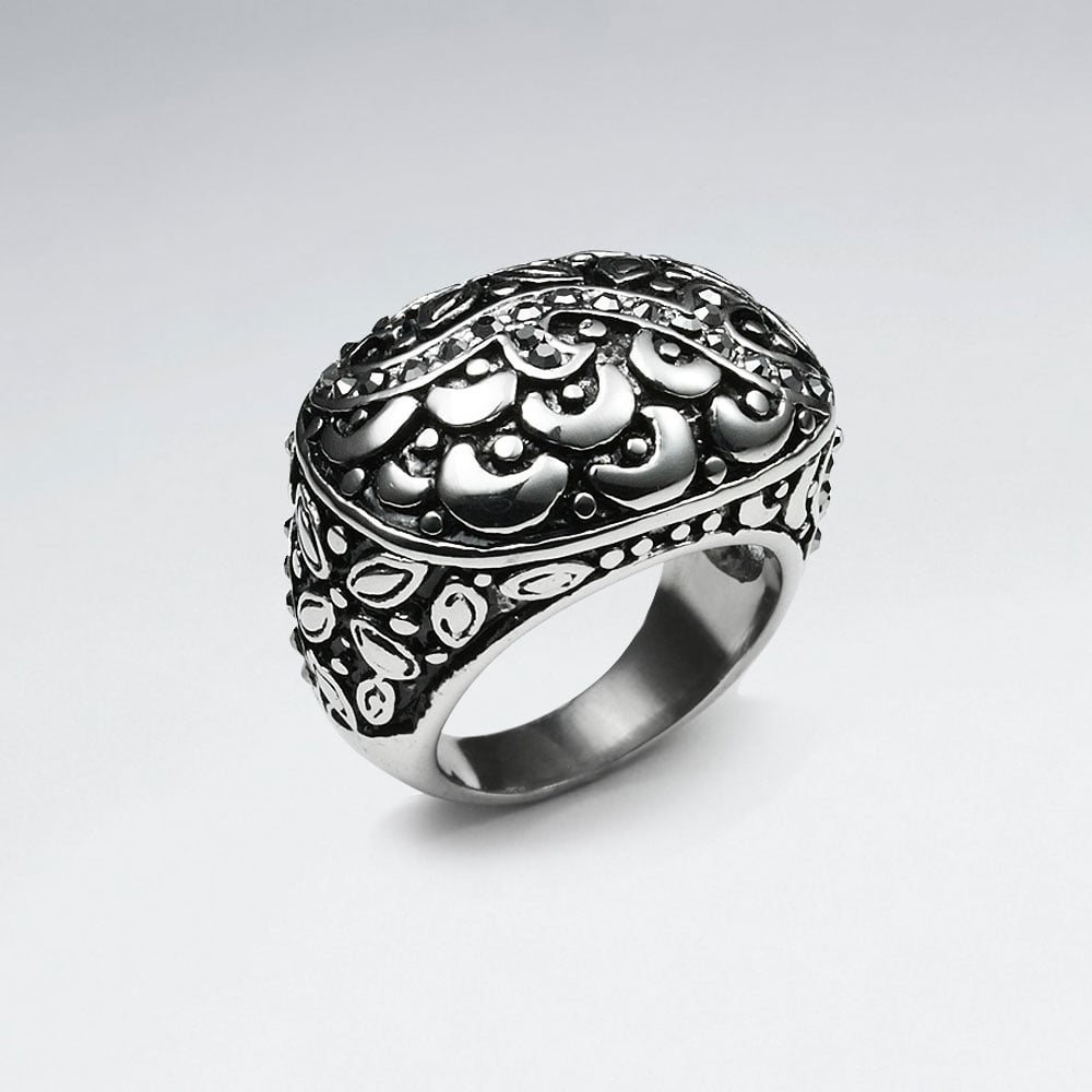 Stainless Steel Ornate Vine & Floral Texture Ring