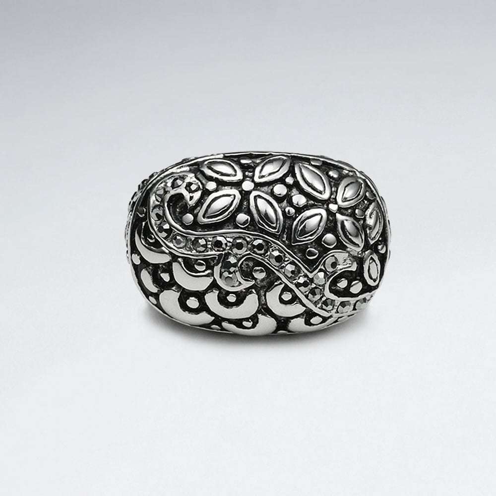 Stainless Steel Ornate Vine & Floral Texture Ring