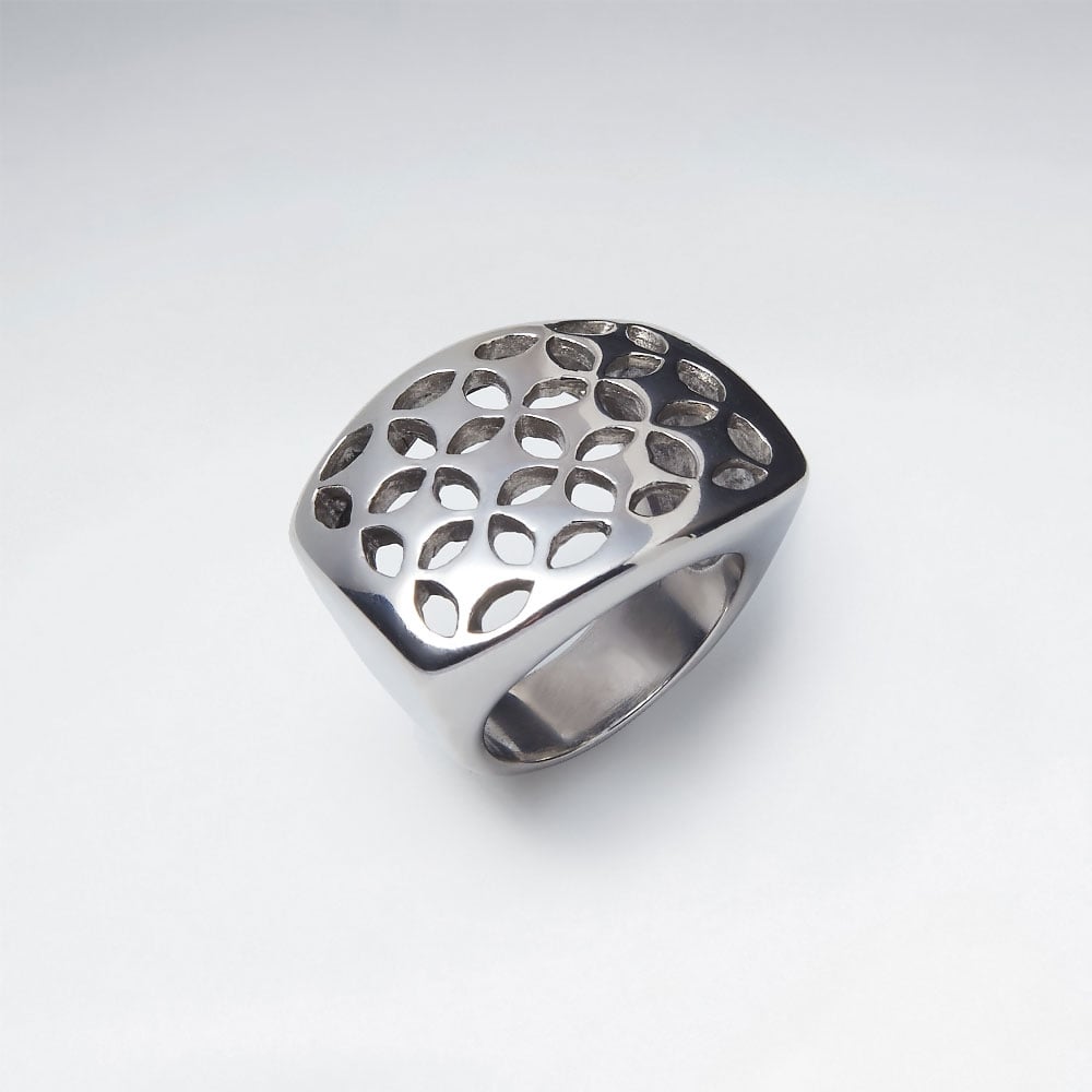 Modern Stainless Steel Perforated Cutout Statement Ring