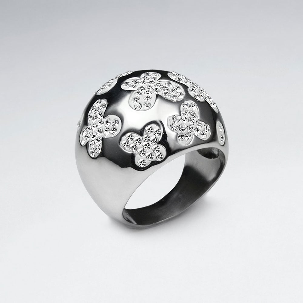 Stainless Steel Crystal Flower Domed Ring