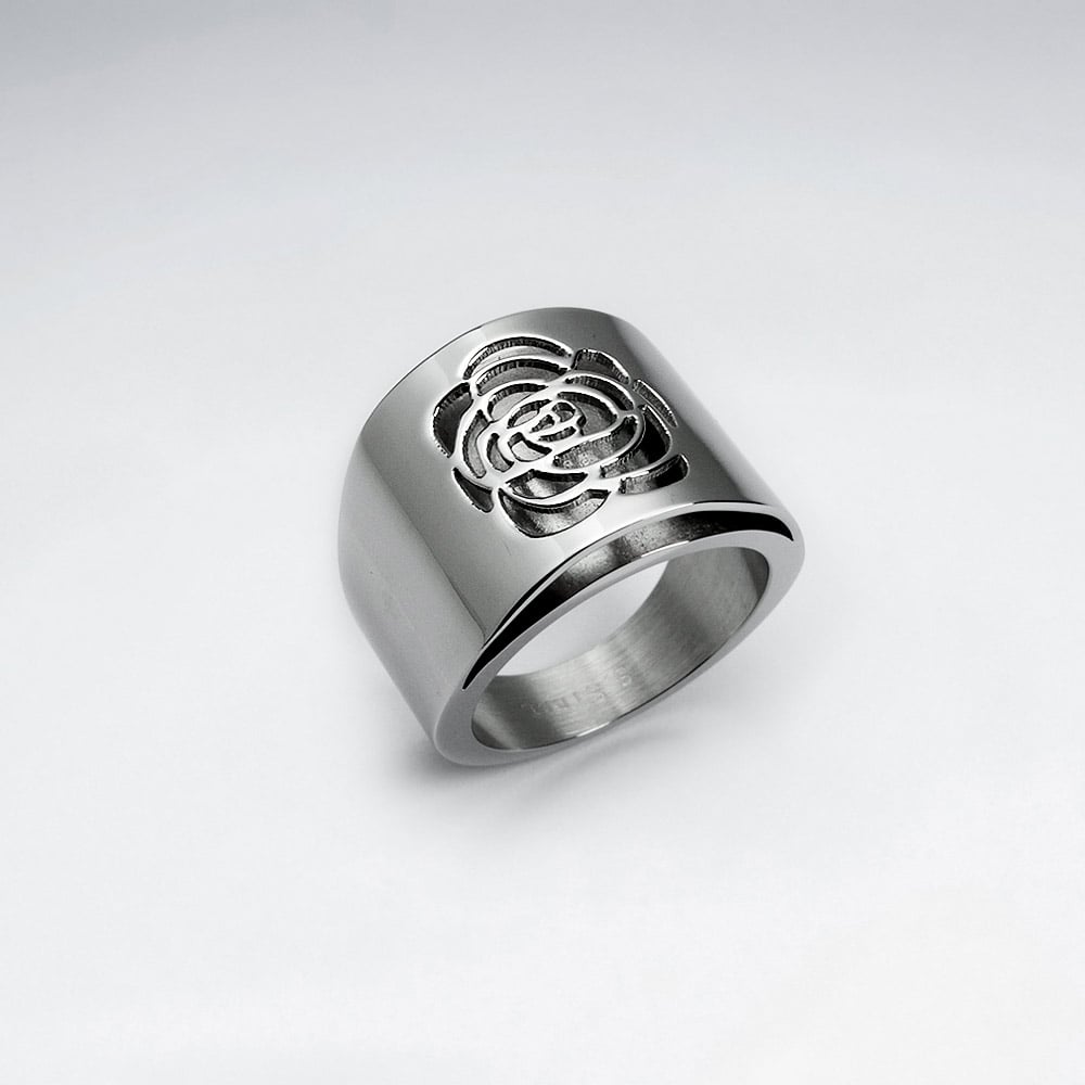 Stainless Steel Wide Openwork Rose Solitare Ring