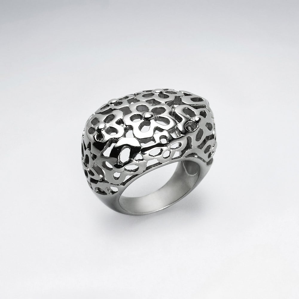Stainless Steel Openwork Flower Saddle Ring