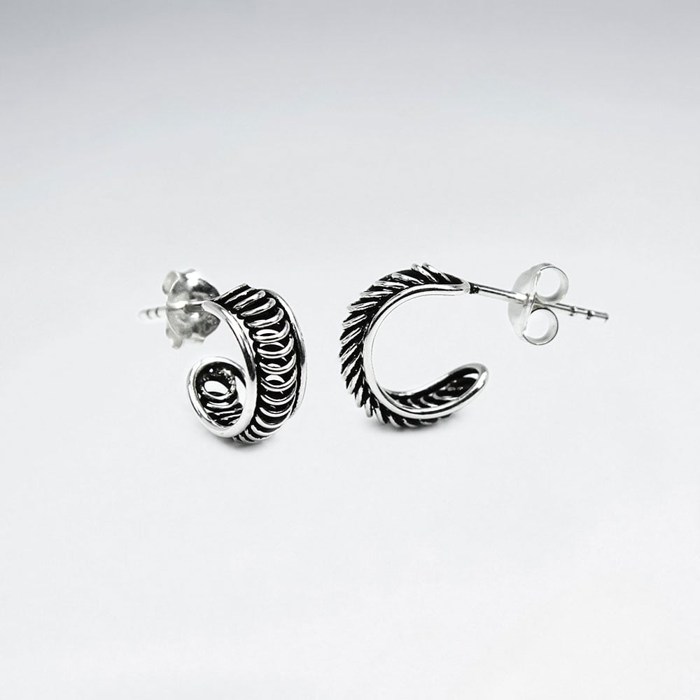 Oxidized Silver Detailed Half Hoop Stud Earrings