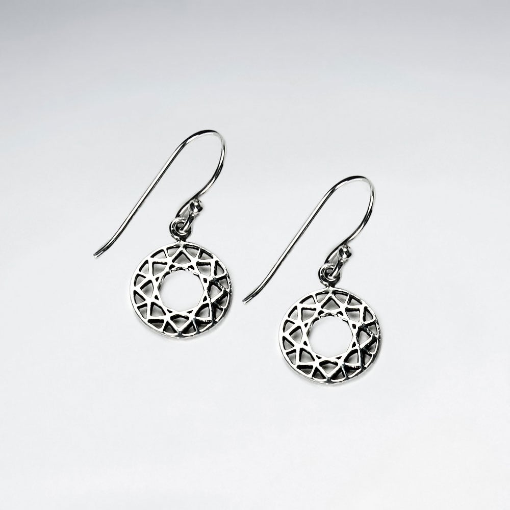 925 Silver Openwork Filigree Style Circle Disc Hook Earrings