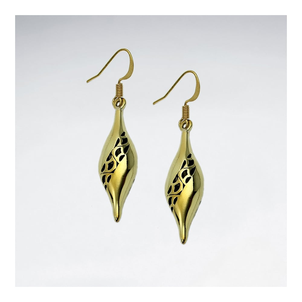 Brass Ornamental Stripe Teardrop Dangle Hook Earrings