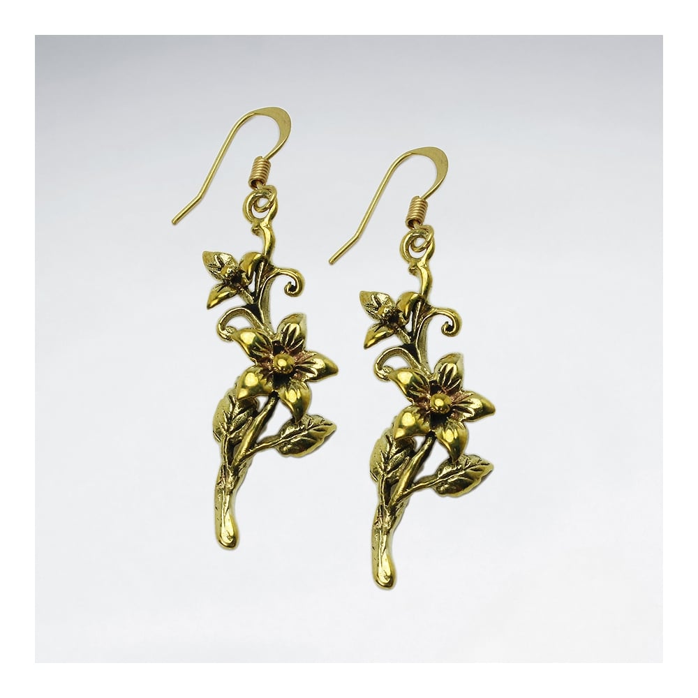 Dimensional Branching Blooms Dangle Hook Earrings in Brass