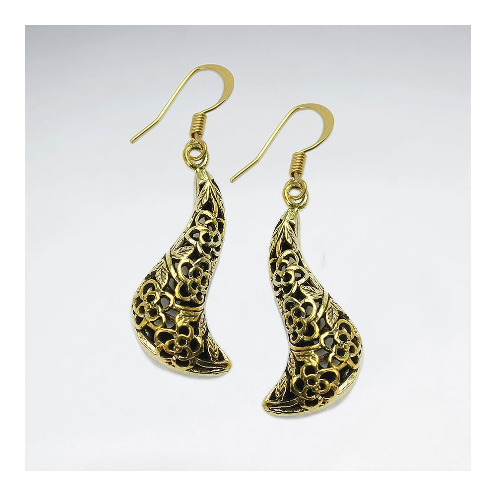 Sinuous Textured Style Ornate Detailed Brass Earrings