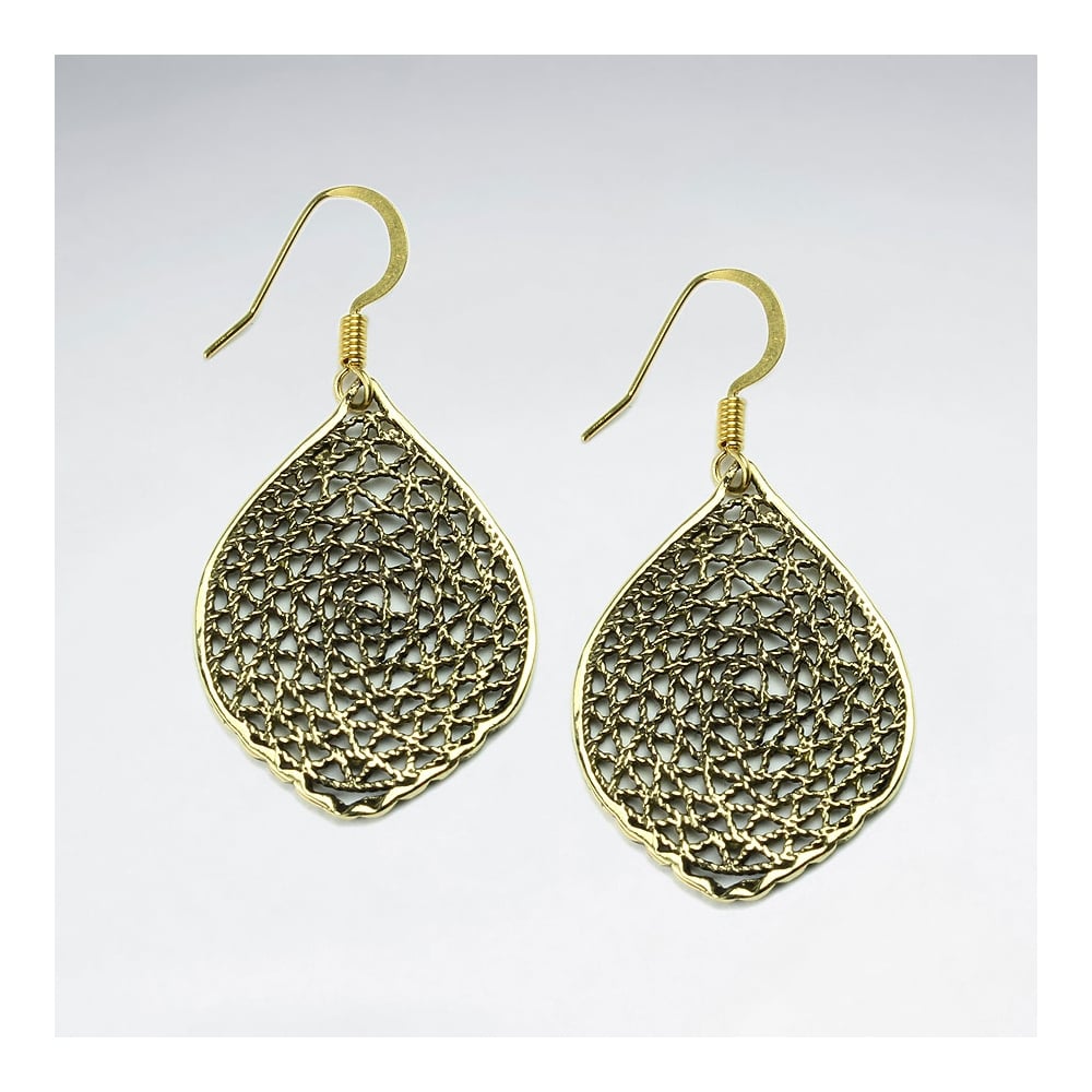 Dramatic Brass Intricate Textured Oval Dangle Earrings