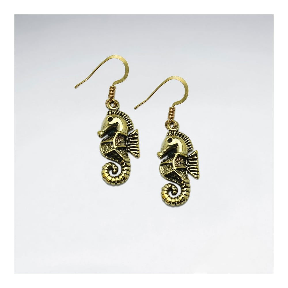Majestic Brass Detailed Seahorse Hook Earrings