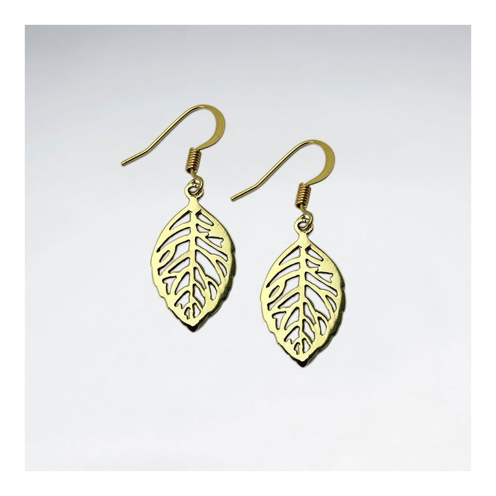 Leaf Cutout Brass Textured Dangle Hook Earrings
