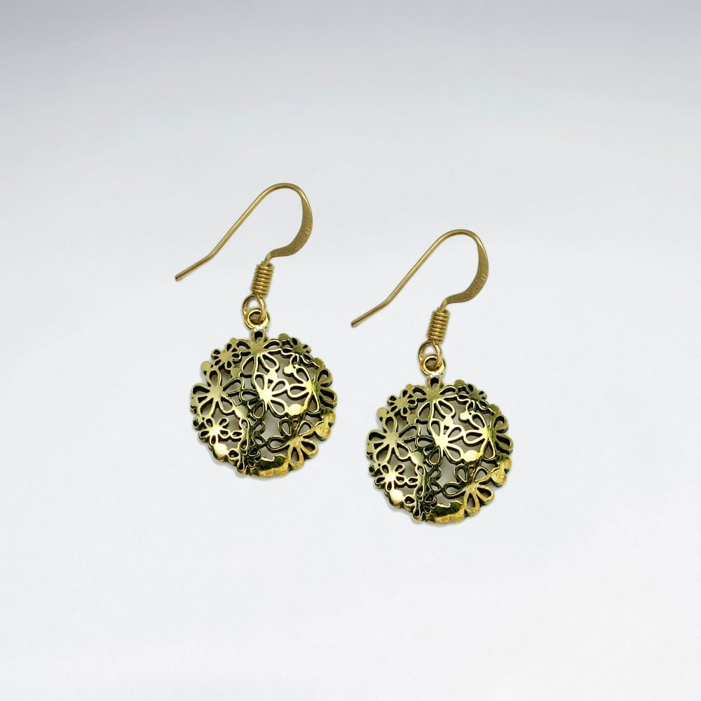 Round Disc Filigree Brass Dangle Earrings
