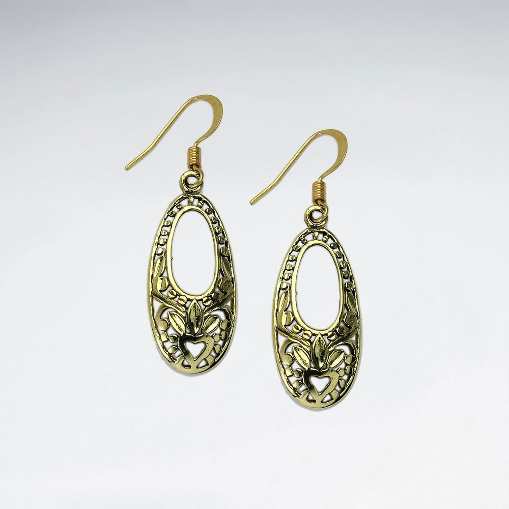 Long Oval Open Hoop Style Textured Dangle Earrings