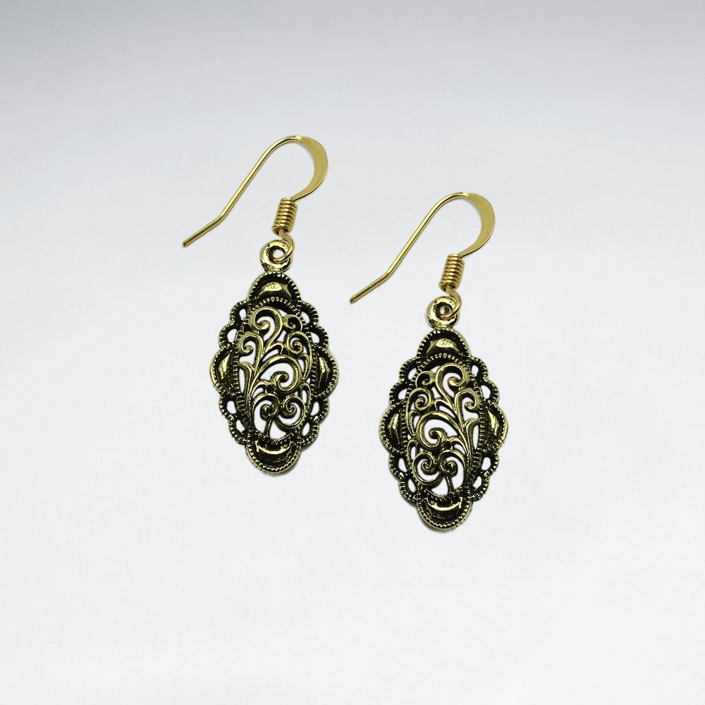 Brass Scalloped Textured Oval Dangle Earrings