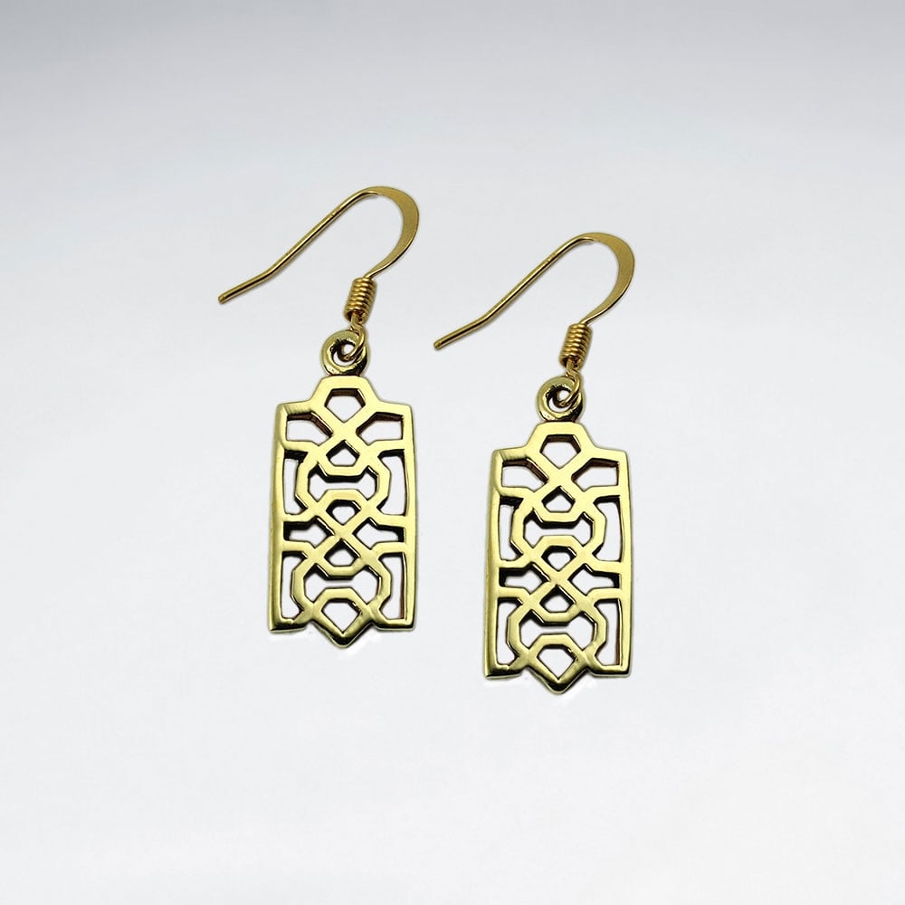 Ornate Brass Rectangle Filigree Dangle Earrings