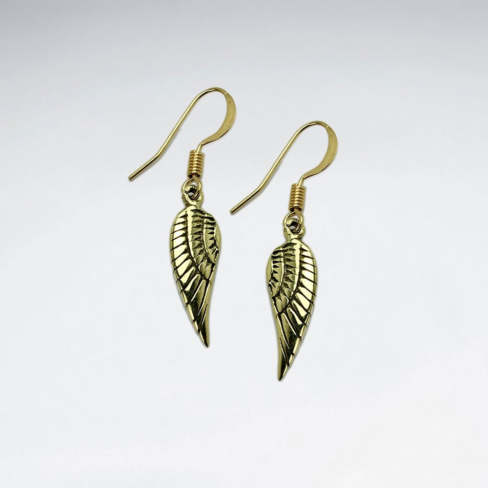 Brass Winged Feather Dangle Hook Earrings