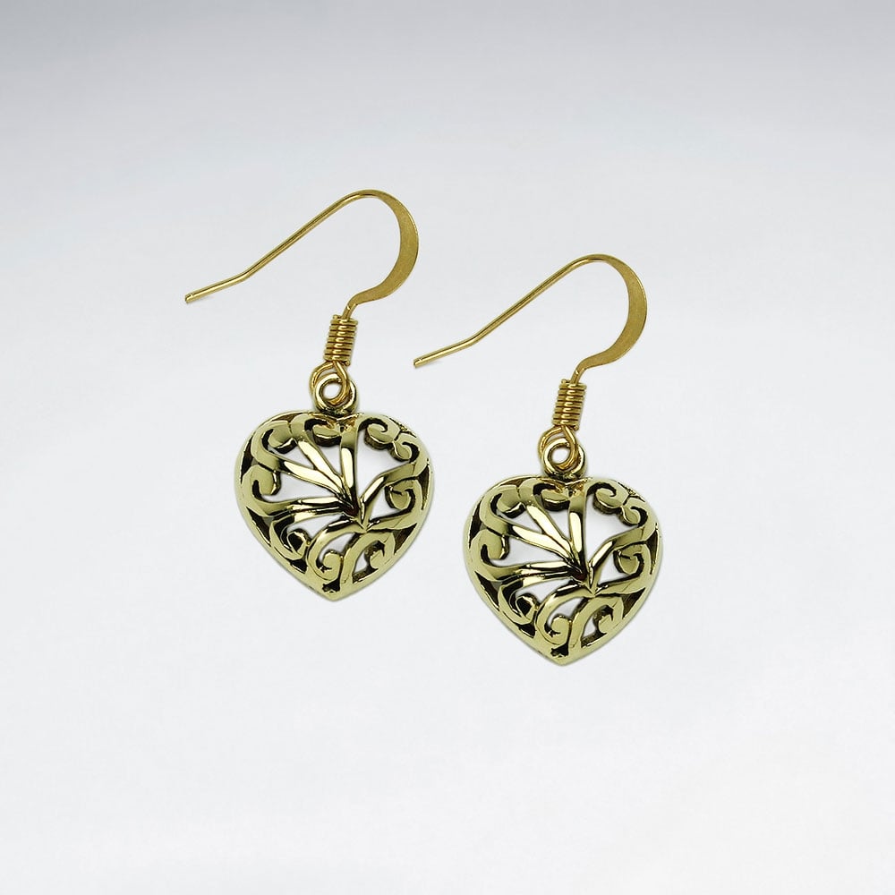 Brass Filigree Textured Heart Dangle Earrings