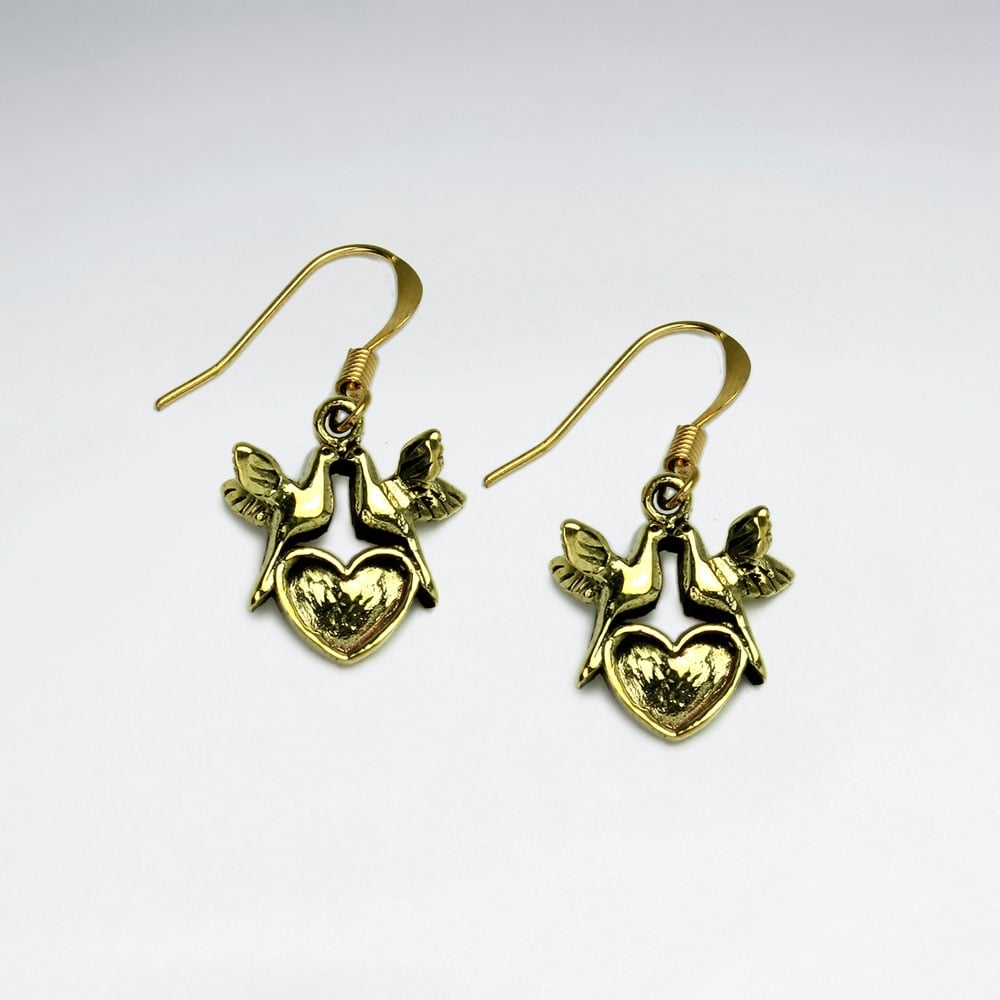 Brass Doves and Heart Dangle Earrings