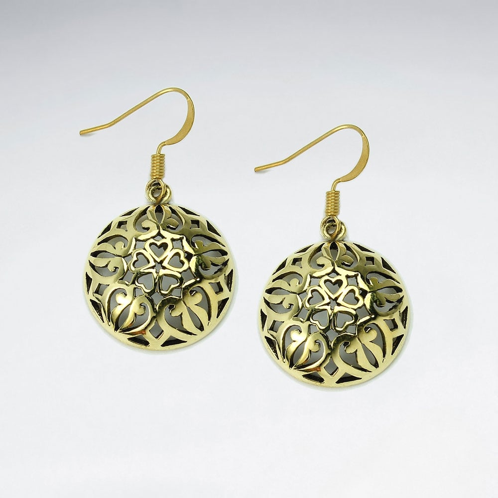 Puffed Circle Filigree Hearts Dangle Hook Earrings