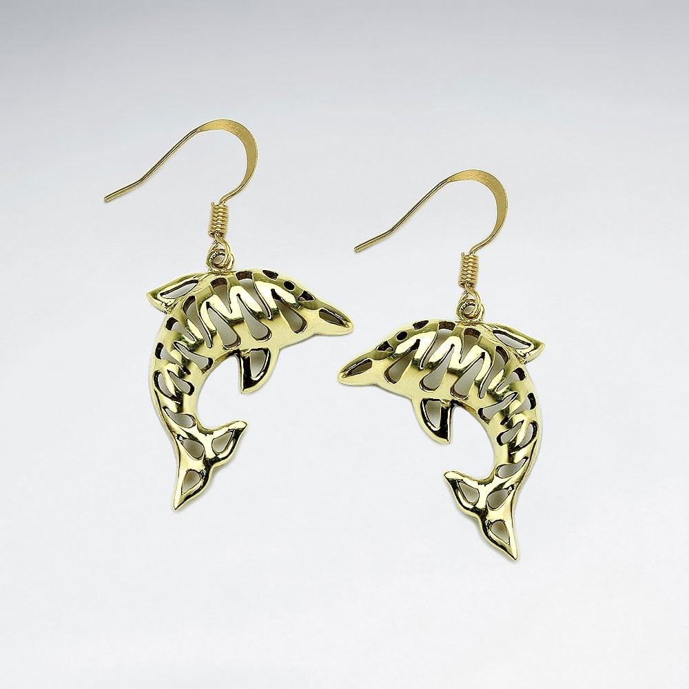 Dolphins Filigree Dangle Hook Brass Earrings