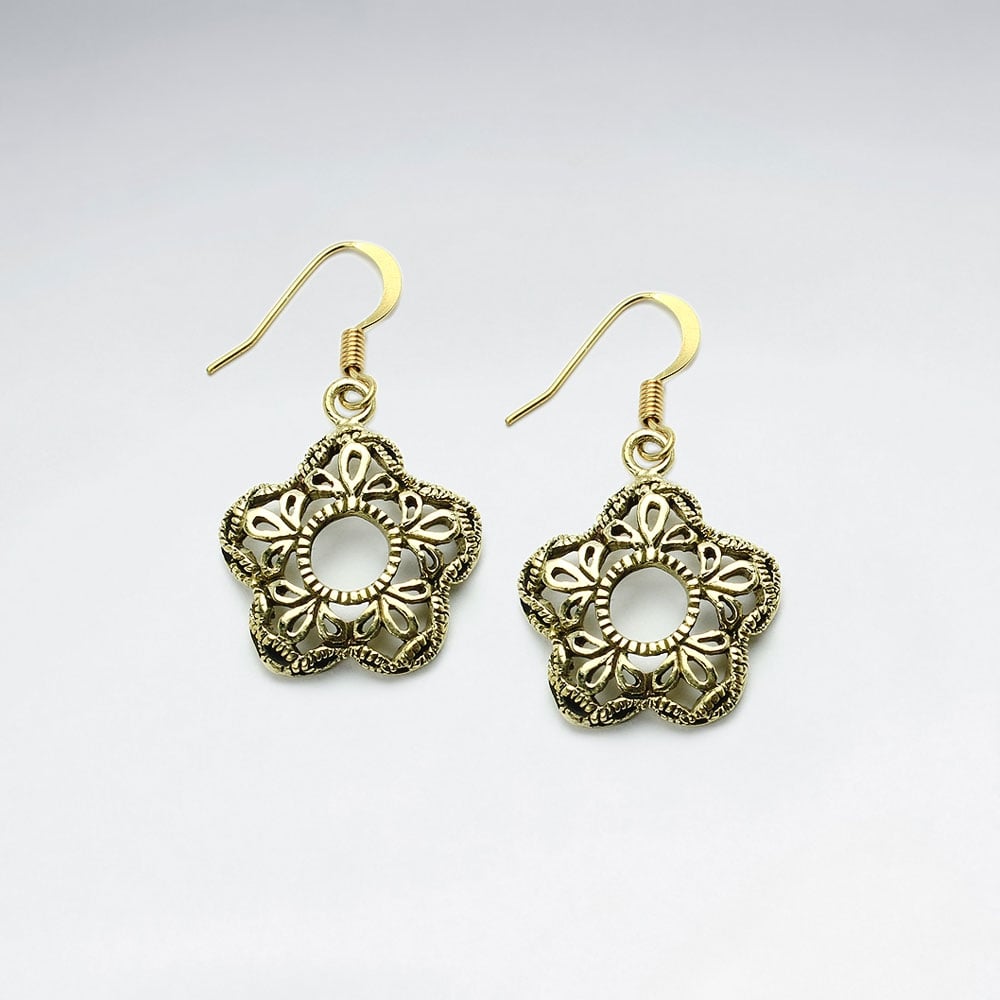 Openwork Flowers Filigree Brass Dangle Earrings