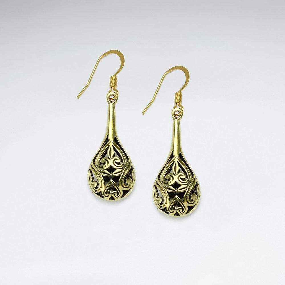 Elaborate Brass Filigree Teardrop Statement Dangle Earrings