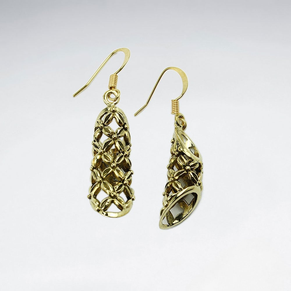 Dimensional Openwork Textured Dangle Hook Brass Earrings