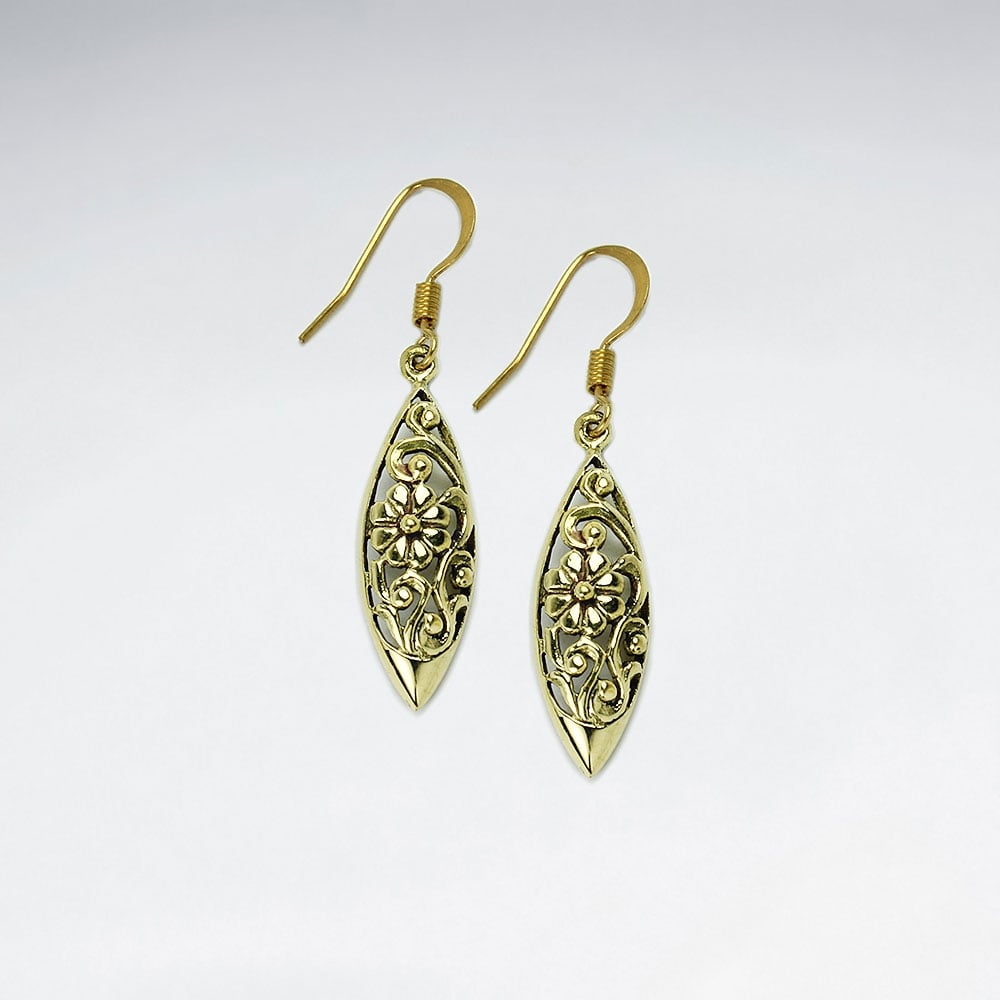 Slim Oval Filigree Brass Dangle Hook Earrings