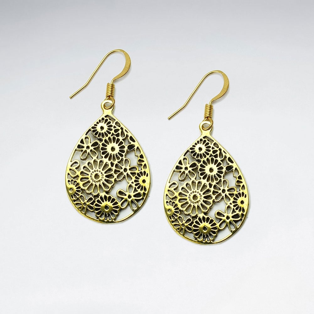 Floral Filigree Teardrop Silhouette Dangle Brass Earrings