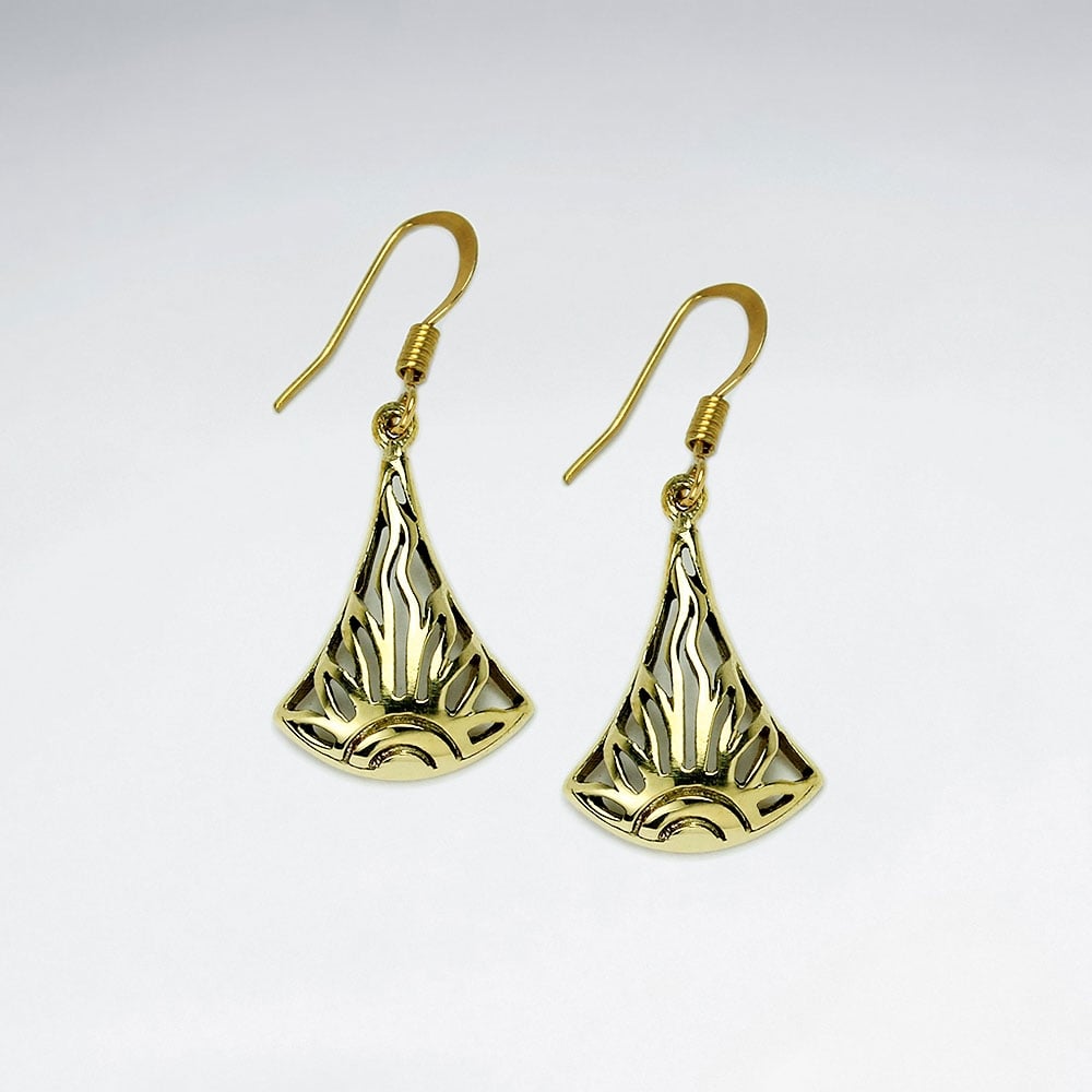 Fanned Slim Brass Filigree Texture Dangle Earrings