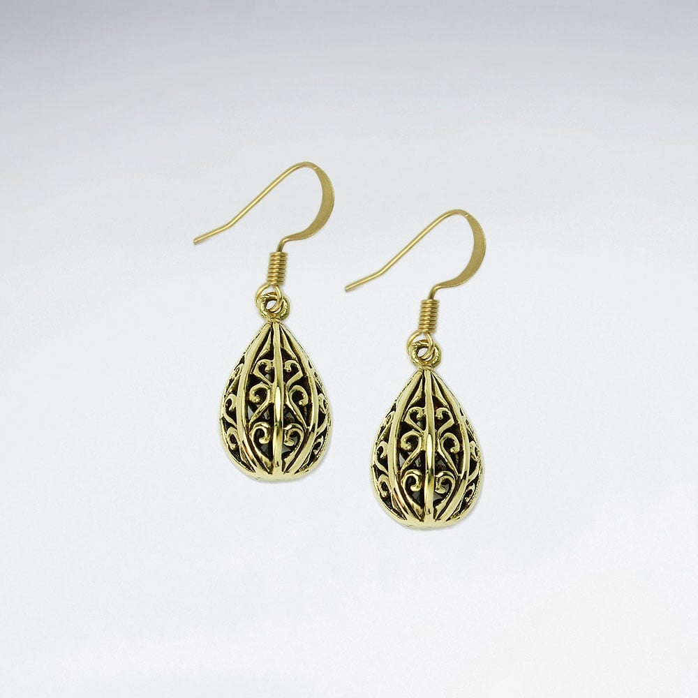 Puffed Teardrop Brass Filigree Statement Earrings