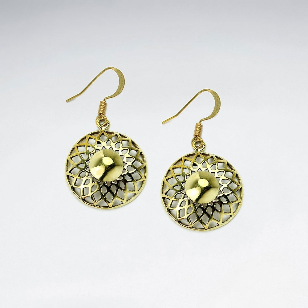 Guilloch? Style Puffed Brass Circle Dangle Brass Earrings
