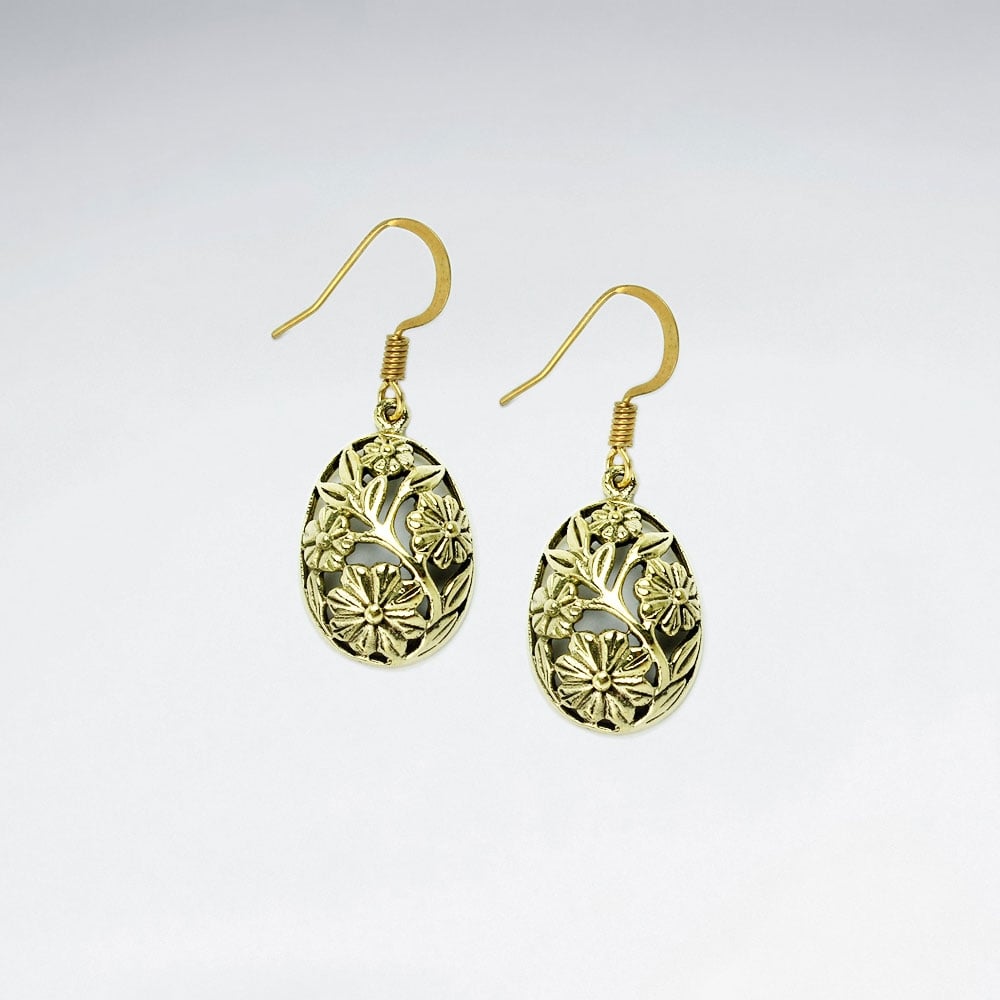 Brass Oval Egg Shaped Puffed Filigree Dangle Earrings