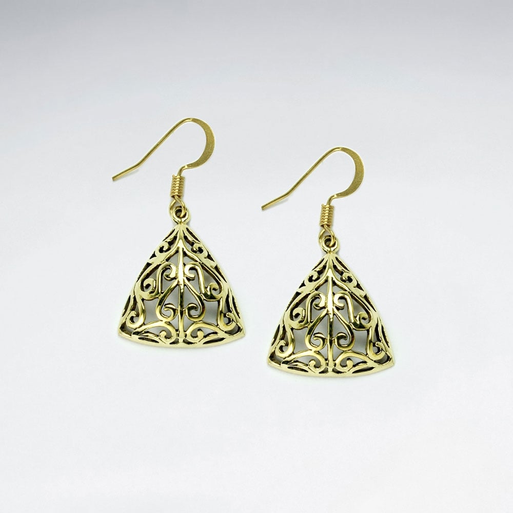 Triangle Puffed Filigree Brass Dangle Earrings