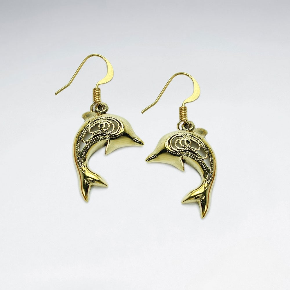 Swirl Design Brass Textured Dolphin Dangle Earrings