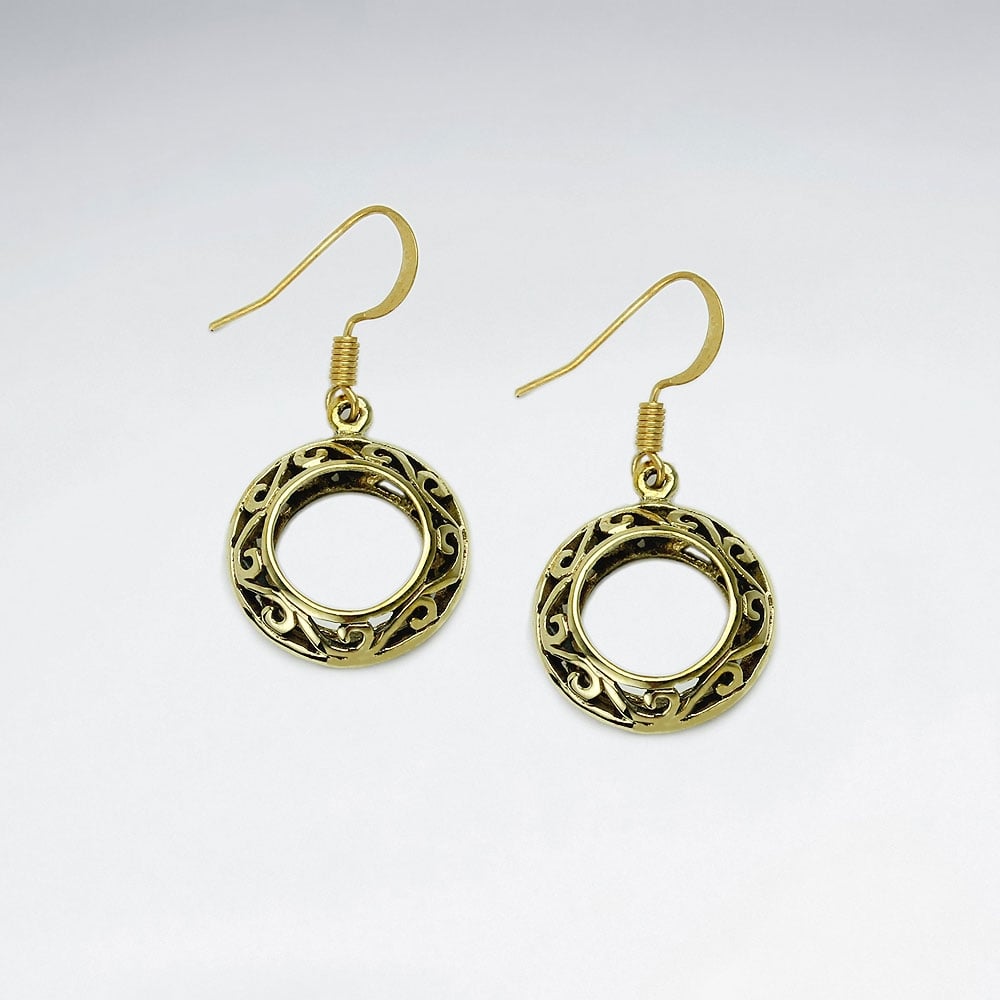 Dainty Brass Tiny Hoop Circle Filigree Dangle Earrings