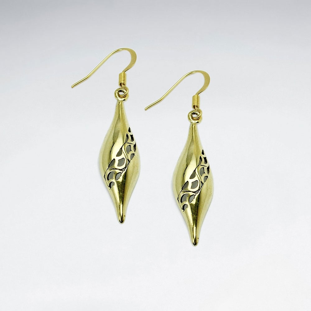 Brass Ornate Stripe Filigree Slim Teardrop Dangle Earrings