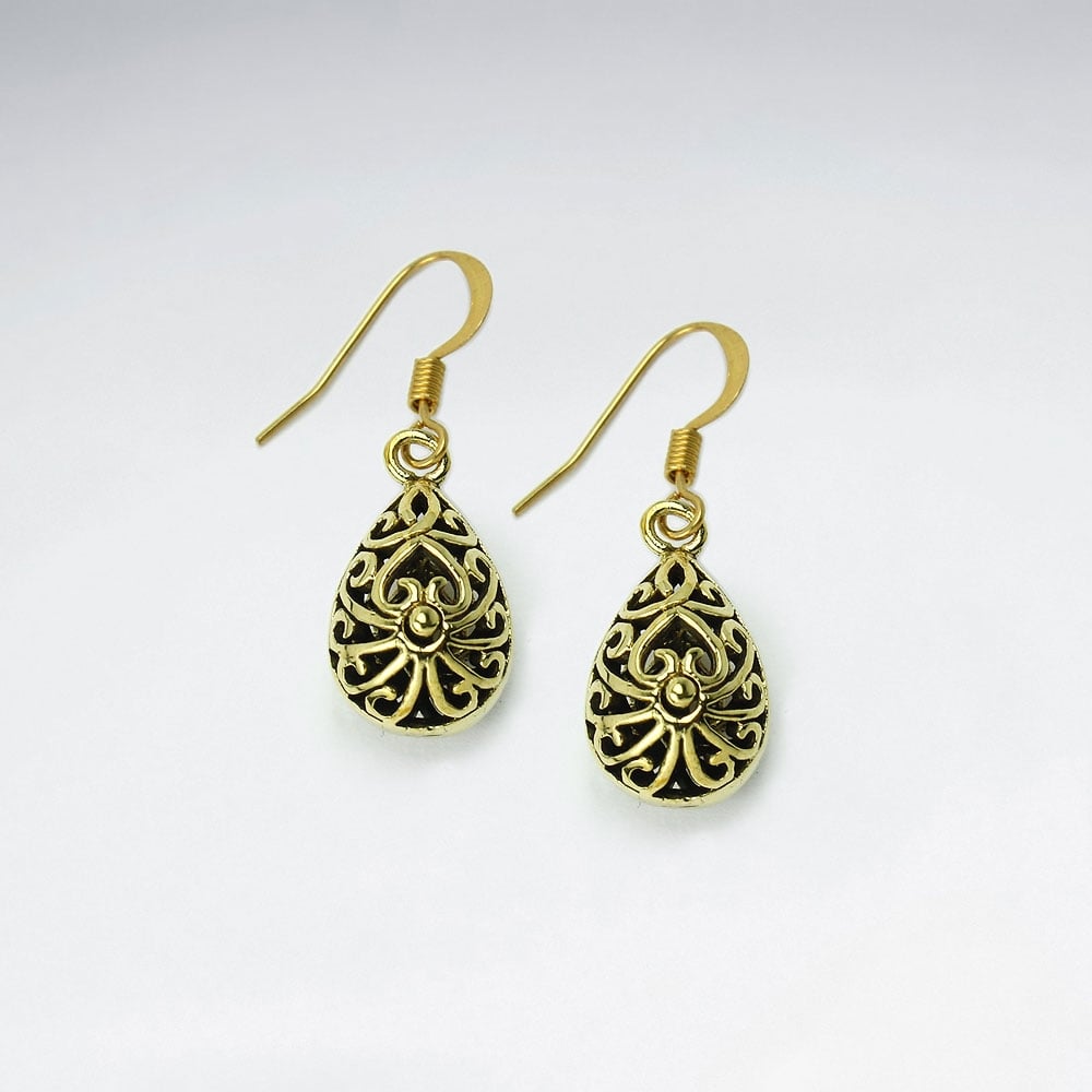 Brass Scrollwork Textured Teardrop Dangle Earrings