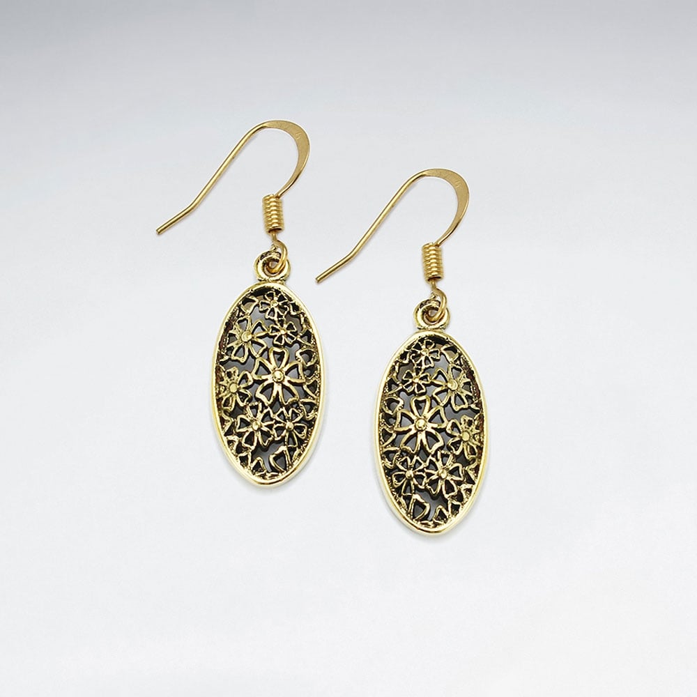 Puffed Brass Textured Floral Pattern Oval Silhouette Dangle Earrings