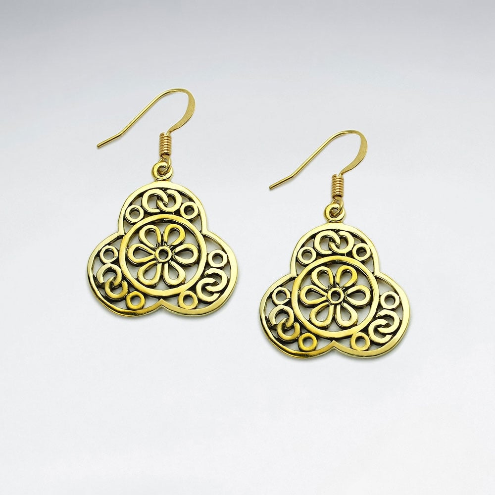 Triple Point Floral Cutout Textured Silhouette Brass Earrings