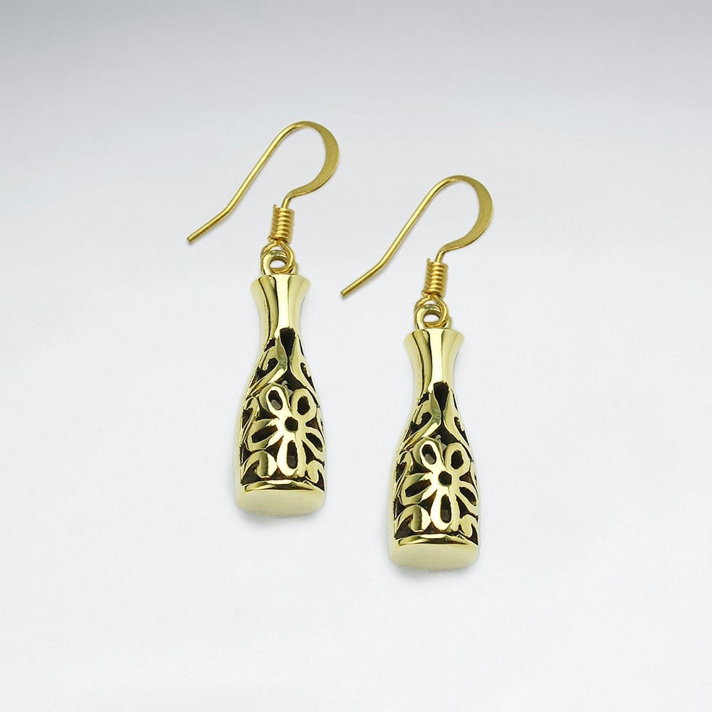 Brass Pin Silhouette Floral Filigree Dangle Earrings