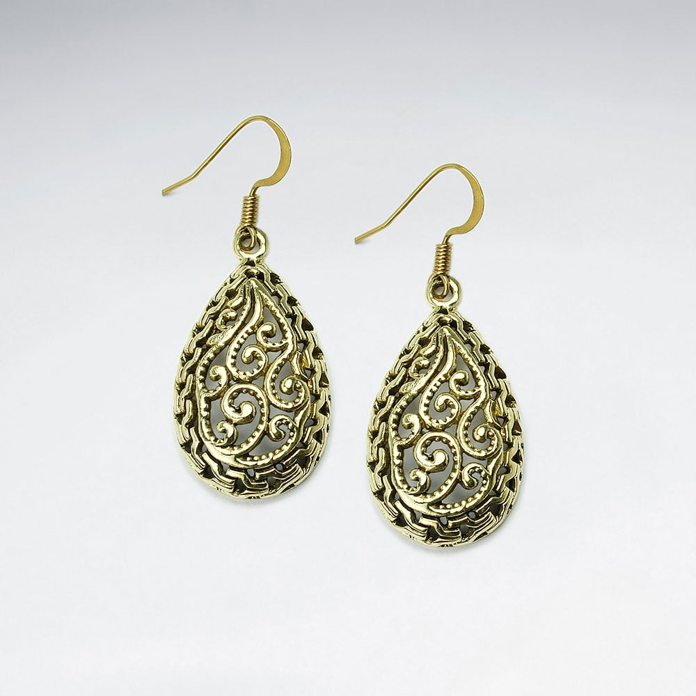 Puffed Scrollwork Textured Brass Teardrop Silhouette Dangle Earrings