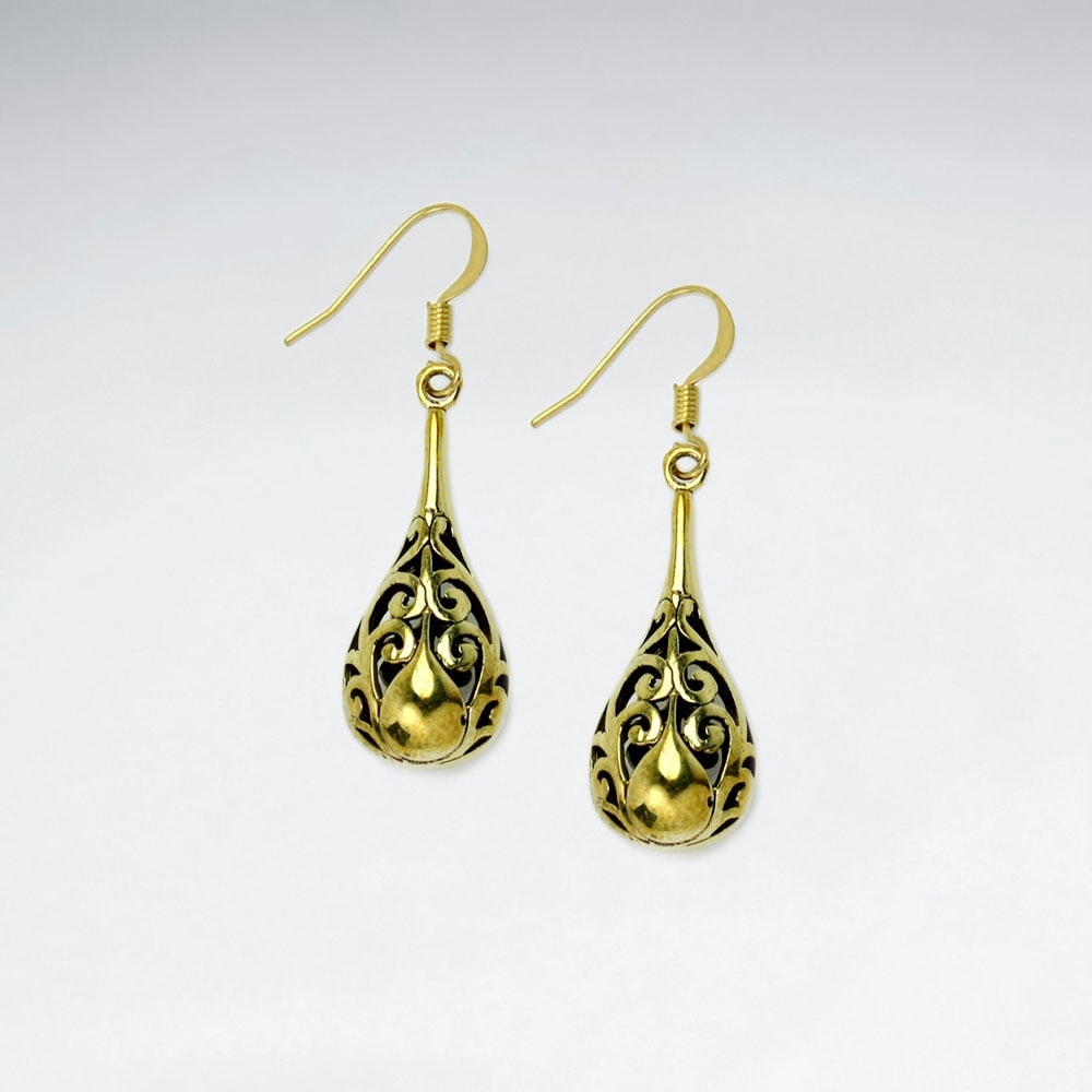 Ornate Brass Detailed Filigree Dimensional Teardrop Style Earrings