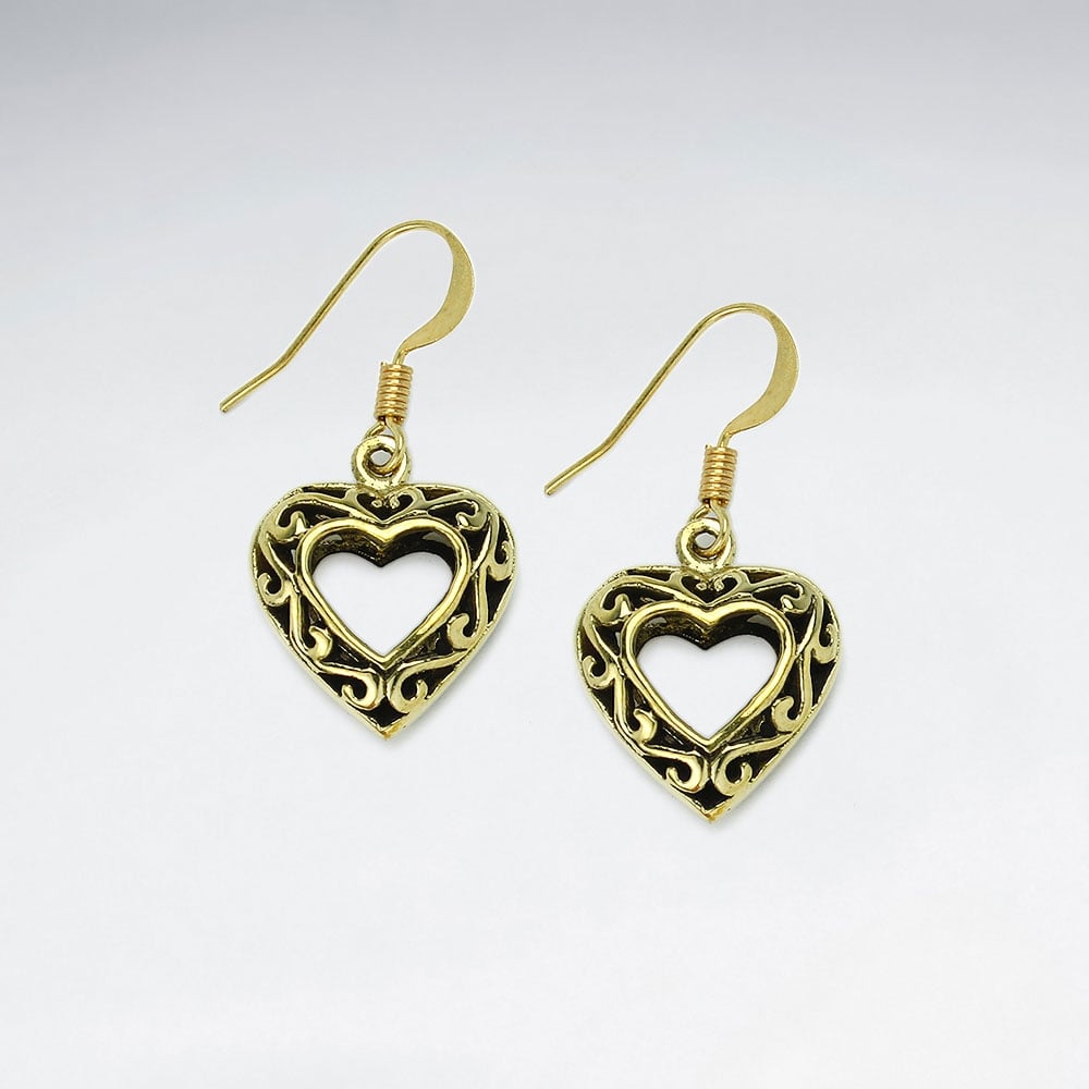 Openwork Hearts Filigree Brass Dangle Earrings