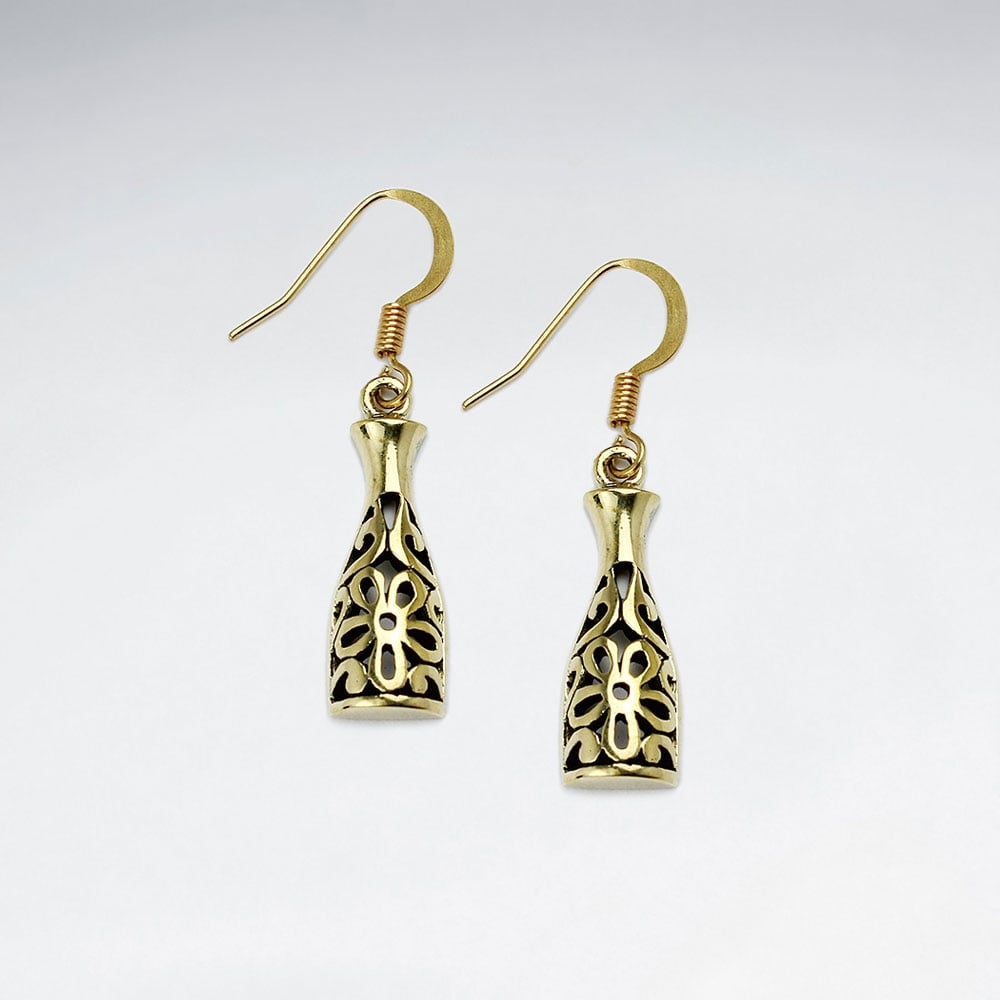 Brass Filigree Long Bottom Floral Designs Dangle Earrings