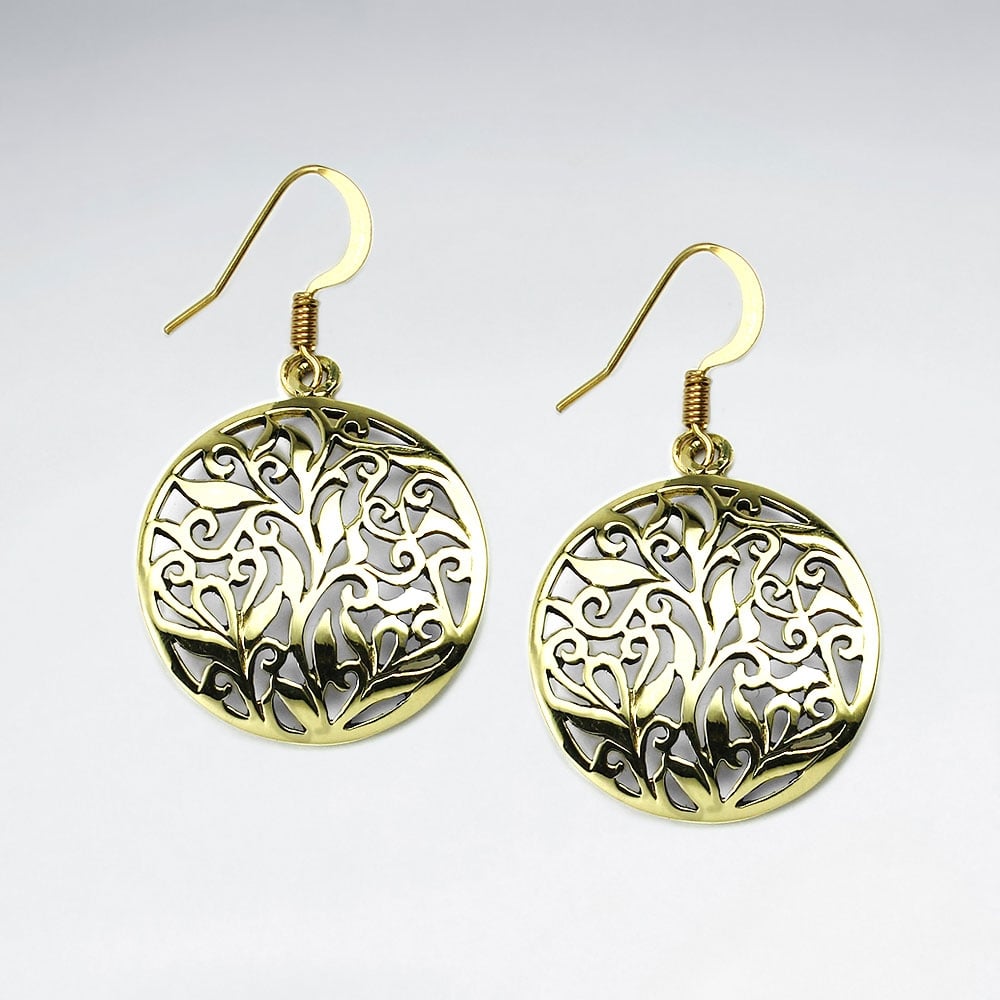 Curved Brass Filigree Circle Silhouette Dangle Hook Earrings
