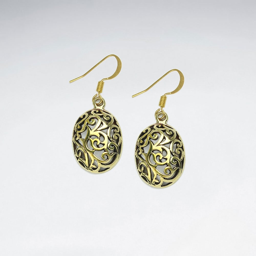 Brass Puffed Oval Filigree Scrollwork Earrings