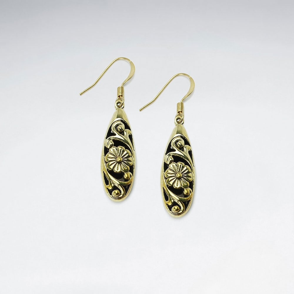 Long Style Oval Brass Textured Floral Artwork Earrings